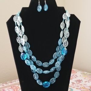 3 tiered blue & white bead necklace & earring